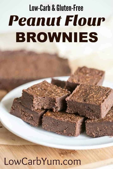 Gluten free chocolate brownies made with peanut flour. These low carb peanut flour brownies make nice portable snacks that you can bring with you anywhere. | lowcarbyum.com Peanut Flour Recipes, Gluten Free Chocolate Brownies, Peanut Butter Blossom Cookies, Low Carb Brownies, Chocolate Peanut Butter Fudge, Peanut Flour, Low Carb Ice Cream, Healthy Protein Snacks, Low Carb Peanut Butter