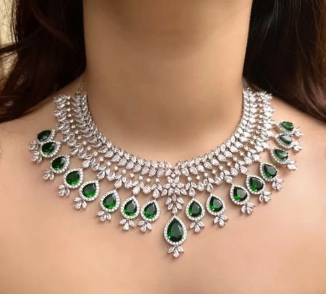 Emerald Necklace Set, Diamond Emerald Necklace, Necklace Set Indian Bridal Jewelry, Diamond Necklace Wedding, Emerald Jewellery, Spiritual Necklace, American Diamond Necklaces, Necklace Set Indian, Diamond Necklace Designs