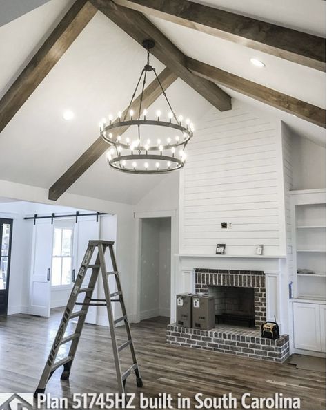 Dark Wood Built Ins, Cathedral Ceiling Living Room, Vaulted Ceiling Ideas, Vaulted Ceiling Living Room, Flex Space, Split Bedroom, Shiplap Fireplace, Fireplace Built Ins, Bedroom Layout