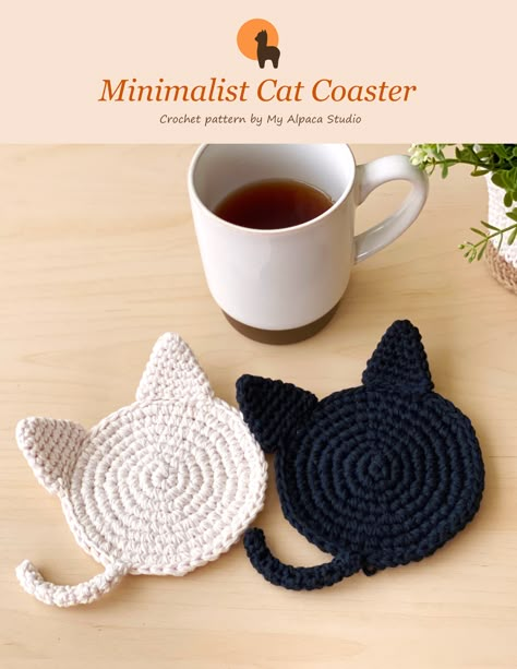 An easy Crochet Pattern, Instant Download PDF, fully illustrated & printer friendly document. A Purr-fect handmade gift for cat lovers! Available in ready-to-ship product as well. Check out Etsy shop @MyAlpacaStudio for more options. #homedecor #crochettabledecor #modernfarmhouse #crochetcat #amigurumicoasters #amigurumicat #kittymugrug Crocheted Coasters, Quick Crochet Projects, Crochet With Cotton Yarn, Cozy Crochet Patterns, Coaster Pattern, Cat Coasters, Crochet Coaster Pattern, Crochet Coaster, Crochet Simple