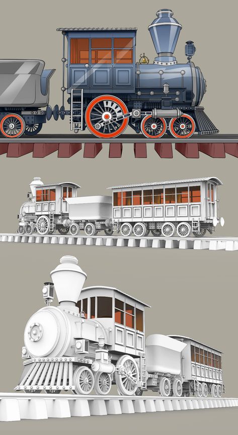 ArtStation - steam-train plan for comic, István Ábrahám Steam Trains Drawing, Steam Train Game Art, Steam Train Illustration, Vintage Train Illustration, Steam Train Drawing, Train Blueprint, Train Reference, Old Train Pictures, Fantasy Train