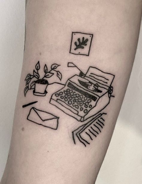 Tattoos Of Objects, London Tattoo Artist, Desk Tattoo, Author Tattoo, Writer Tattoos, Tattoo Typewriter, Reader Tattoo Ideas, Mail Tattoo, Fun Tattoo Ideas