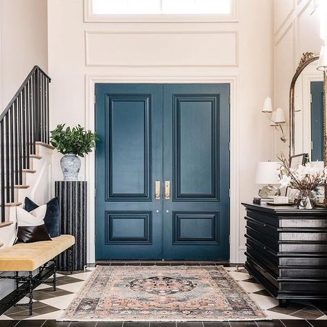 Colorful Entryway, Alice Lane Home, Alice Lane, Cabinetry Design, Powder Bath, Antique Inspiration, Door Color, Stair Railing, Wall Ideas