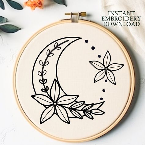 Flower Moon Hand Embroidery Pattern PDF Star Flower Hand Embroidery Pattern Download Celestial Embroidery Floral Hoop Art Mystical Gift Idea Celestial Embroidery, Flower Hand Embroidery, Art Mystical, Flower Moon, Floral Moon, Embroidery Template, Floral Hoops, Embroidery Floral, Hand Embroidery Pattern