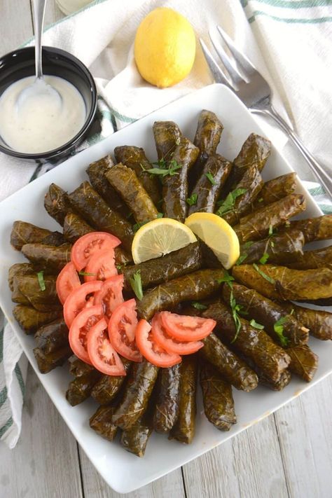 Warak enab arranged in a white plate. Dolma Recipe, Grape Leaves Recipe, Stuffed Grape Leaves, Middle Eastern Dishes, Egyptian Food, Eastern Cuisine, Middle Eastern Recipes, Greek Recipes, Yummy Appetizers