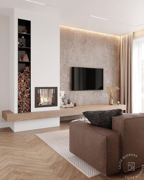 Modern Living Room Ideas Beige, Neutral Cozy Living Room Modern, Fireplace Contemporary Design, Gas Fireplace Modern Design, Tv Wall With Fireplace And Shelves, Fireplace With Storage On Sides, Enterijer Dnevna Soba, Fireplace Next To Tv, Fireplace Tv Wall Modern Interior Design