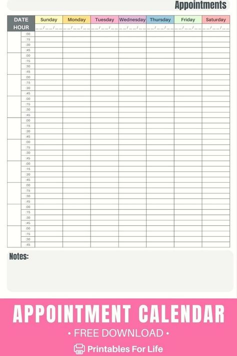 Organize your jam-packed week with this free, printable weekly appointment planner. The flexible, customizable format allows you to set your own business hours, and the 15-minute time slots give you plenty of room to detail your meetings, classes, and daily commitments. Great for busy professionals, work-from-home individuals, and anyone with a fluctuating schedule. Hour By Hour Schedule, Hourly Schedule Printable Free, Daily Appointment Planner, Free Weekly Calendar, Weekly Appointment Planner, Schedule Printable Free, Time Blocking Printable, Time Blocking Schedule, Daily Schedule Printable