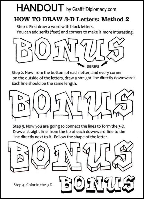 How to Draw 3-D Letters How To Draw Letters, 3 D Letters, Draw Letters, Stylo Art, Art Handouts, Draw 3d, Art Lessons Middle School, 3d Lettering, Art Worksheets