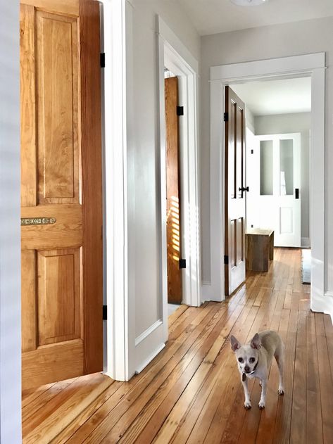 Beach House: End Of The Year Tour! | Young House Love Wood Doors White Trim, White Baseboards, Stained Trim, Beach House Tour, Stained Doors, Oak Trim, Pine Doors, Young House Love, Real Estat