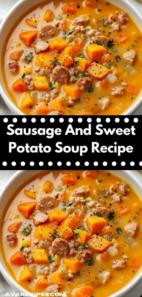 Looking for a comforting bowl of goodness? This Sausage and Sweet Potato Soup recipe is bursting with flavor and nutrition. It's an easy soup recipe that the whole family will love, making weeknight dinners a breeze. Sausage And Sweet Potato Soup, Sausage And Sweet Potato, Sweet Potato Soup Recipes, Sausage Soup, Easy Soup, Potato Soup Recipe, Savory Chicken, Soup Dinner, Sweet Potato Soup