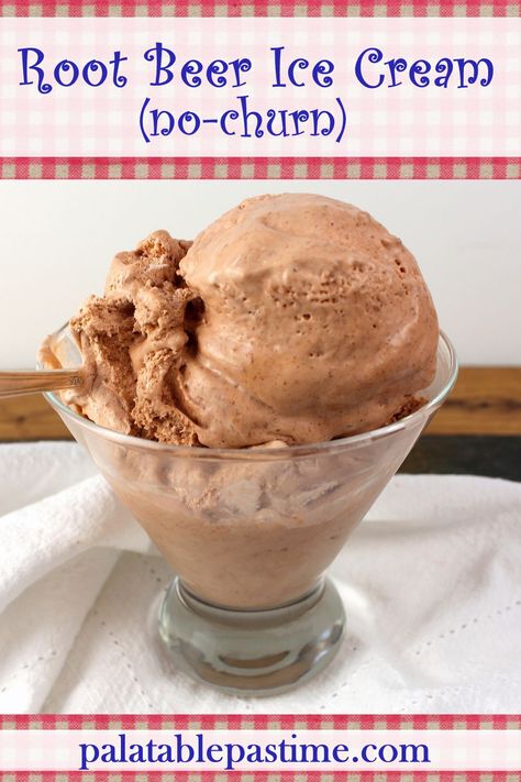 Root Beer Ice Cream (no-churn) is made easily without an ice cream maker using a few simple and delicious ingredients. via @suelau1 Root Beer Ice Cream, Ice Cream Sandwich Dessert, Beer Ice Cream, Strawberry Frozen Yogurt, Ice Cream Month, National Ice Cream Month, Caramel Fudge, Yummy Ice Cream, Vanilla Whipped Cream