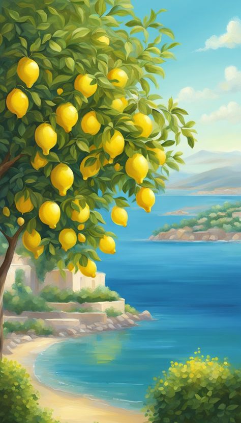 Aesthetic Background Illustration, Illustration Phone Wallpaper, Cute Aesthetic Background, Phone Wallpaper Iphone, Mediterranean Aesthetic, Aesthetic Background, Tree Illustration, Beautiful Landscape Wallpaper, Lemon Tree