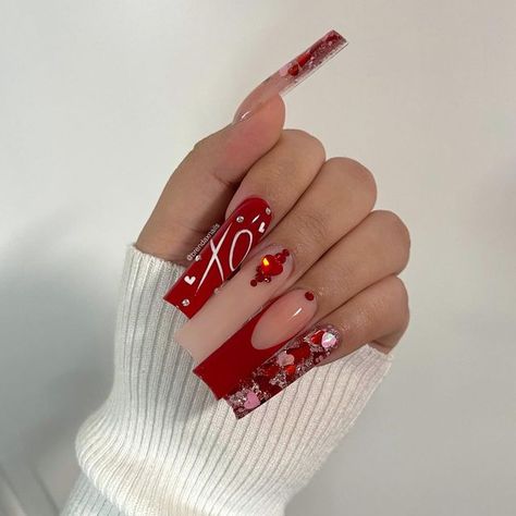 Brenda on Instagram: "xoxo❣️ @ksnailedit inspo @elegancenailsupply -sensual cover -xoxo glitter -candy apple Code: BRENDA - - - #valentinesnails #rednails #valentines #vdaynails #nailsofinstagram #nailtrends #nailinspo #explorepage #explorenails #nailideas #nudenails #nailsnailsnails #slcnails #slcnailtech #utahnails #utahnailtech #utahnailartist" Red Nails Inspo, Vday Nails, Valentines Day Nails, February Nails, Valentine Nails, Nude Nail Designs, Nail Designs Valentines, Colored Acrylic Nails, Glow Nails