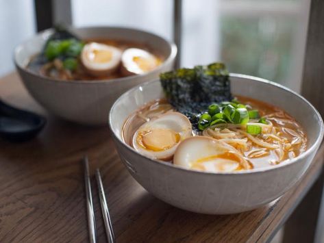 Easy Miso Ramen with Soy Marinated Eggs Recipe | Trisha Yearwood | Food Network Easy Miso Ramen, Ramen Egg Recipe, Ramon Noodles, Marinated Eggs, Trisha's Southern Kitchen, Jet Tila, Trisha Yearwood Recipes, Ramen Egg, Asian Meals