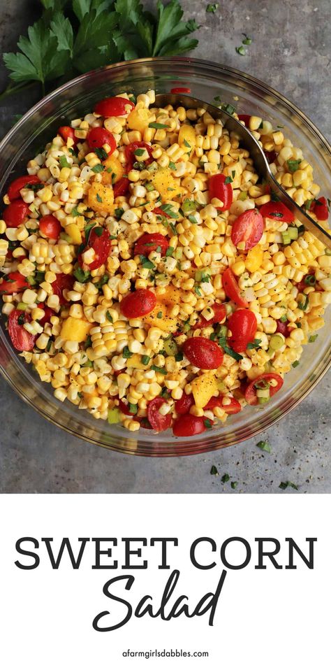 This Sweet Corn Salad is a summer treat, with fresh corn, sweet mangos, tomatoes, and a touch of heat, plus a light and flavorful dressing. Enjoy as a side dish to whatever's cooking on the grill, as a chip dip, or use as a taco topping! Hot Corn Salad, Sweet Corn Salad, Roasted Corn Salad, Fresh Corn Salad, Honey Dressing, Corn Salad Recipes, Creamed Corn, Roasted Corn, Corn Salad