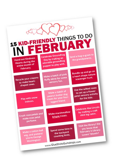 Printable February Bucket List for Kids - Glue Sticks and Gumdrops February Preschool Calendar, Things To Do In February Ideas, Bucklist Ideas, February Bucket List, Things To Do In February, Winter Traditions, Valentines Activities, Preschool Calendar, Month Quotes