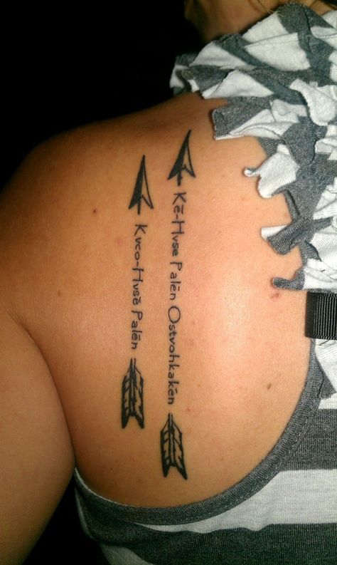 My new tattoo! My children's Birthdays in Creek/Muscogee. :) Arrow Native Tattoo Muscogee Creek Indian Tattoo, Creek Indian Tattoo, Indian Tattoo Ideas, Creek Tribe, Choctaw Indian, Muscogee Creek, Indian Tattoo Design, Indian Tattoos, Ku Art