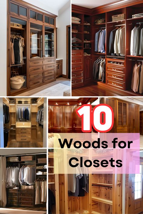 Find the perfect wood for your closet projects with our guide to the most durable and visually appealing options. From cedar to mahogany, discover which woods offer the best benefits for wardrobe storage. Click for expert recommendations! #ClosetDesign #WoodChoices #HomeImprovement #DIYProjects #InteriorDesign Cedar Master Closet, Natural Wood Walk In Closet, Mahogany Wood Projects, Dark Wood Closet, Dark Wood Bedroom, Wood Closet Systems, Master Closet Design, Selfie Challenge, Wood Closet