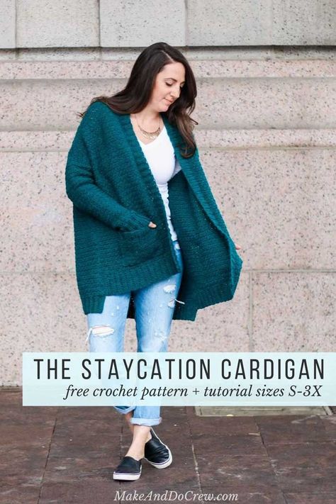 The Staycation Cardigan by Make And Do Crew Free Crochet Pattern Here Ladies Crochet Cardigan, Plus Size Crochet Cardigan, Crochet Oversized Cardigan, Crochet Party, Cardigans Crochet, Waistcoat Pattern, Poncho Au Crochet, Crocheted Cardigan, Crochet Cardigan Free