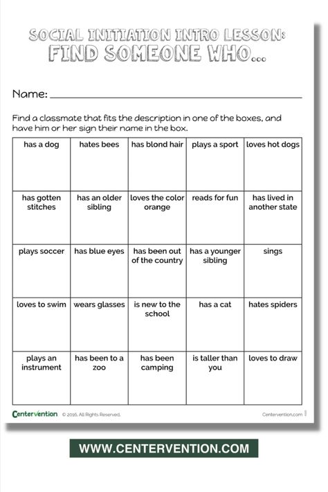 Looking for a fun activity to help your students with social initiation? This free ice breaker download increases students social initiation skills. Students must find other classmates who fit the description in the boxes, then that classmate will write his or her name in the box. This is a great social skill to practice - approaching someone in a polite way. Fun SEL activity for school administrators, school counselors or social workers. Fun Social Skills Games, Sel Activities For Middle School, Find Someone Who Game, Activity For School, Social Work Activities, Sel Activity, Middle School Health, Social Skills Games, Sel Activities