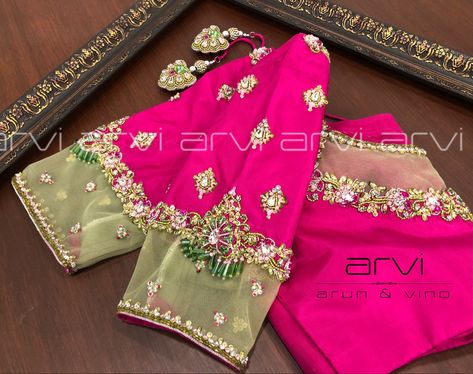 Pink Blouse Hand Work Designs, Dark Pink Blouse Aari Work Design, Pink Colour Blouse Designs Latest, Pink Colour Maggam Work Blouses, Pink Colour Blouse Designs, Dark Pink Saree Contrast Blouse, Colour Blouse Designs, Ns Creations, Bridal Blouse Design