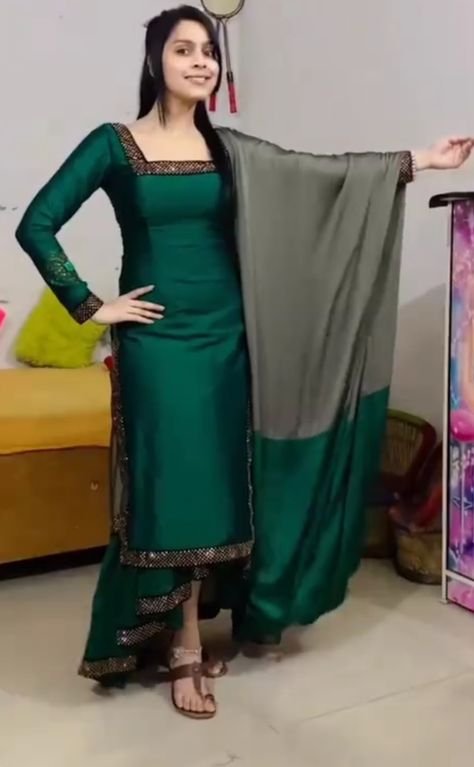 Satin Kurti Designs Latest Pakistani, Green Colour Kurti Design, Satin Kurti Designs Latest, Georgette Kurtis Designer Latest, Satin Kurti Designs, Chudithar Designs, Long Kameez, Georgette Kurtis, New Suit Design