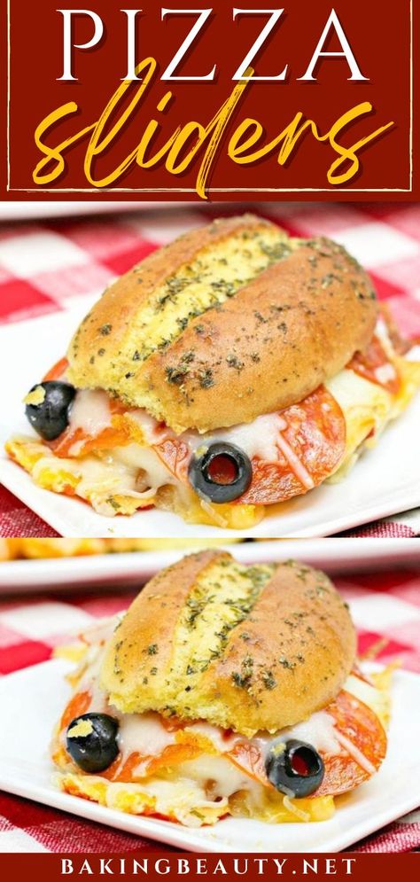 Pizza Sliders, football party food, easy game day snacks, appetizer recipe, homegating, tailgating Pepperoni Pizza Sliders, Party Food For A Crowd, Pizza Sliders, Slider Recipe, Pizza Slider, Buttery Rolls, Homemade French Fries, Crowd Pleasing Appetizers, Craving Pizza