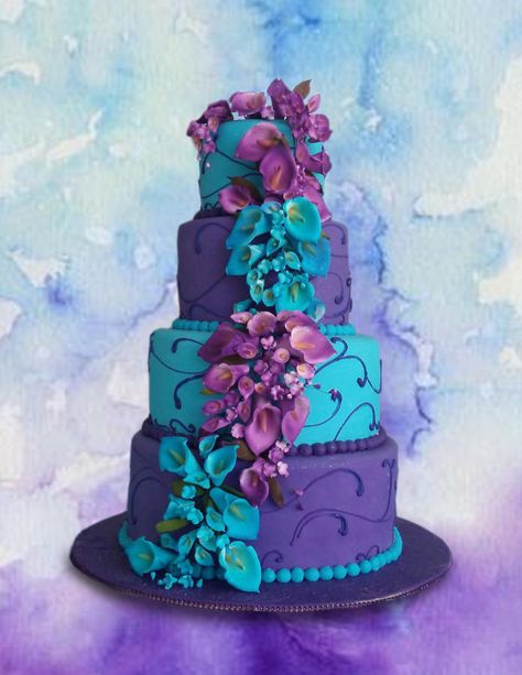 Teal and Purple Lilies - Cake by MsTreatz Purple Teal Wedding, Purple Turquoise Wedding, Purple Lilies, Teal Wedding Cake, Lily Cake, Peacock Wedding Cake, Purple Wedding Cake, Purple Wedding Inspiration, Purple Cupcakes