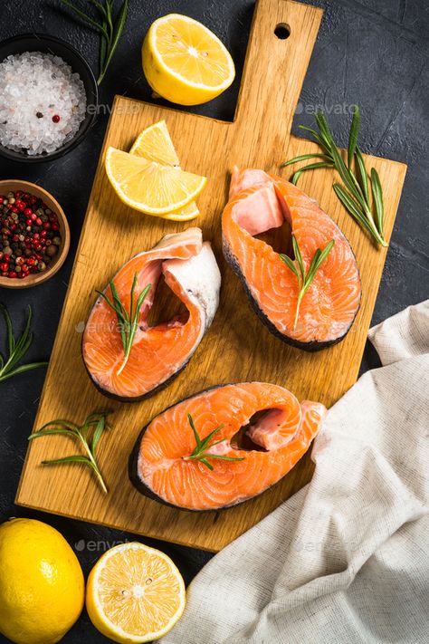 Fish Product Photography, Raw Salmon, Salmon Steak, Golden Fish, Fresh Fish, Top View, Food Packaging, Steak, Food Photography