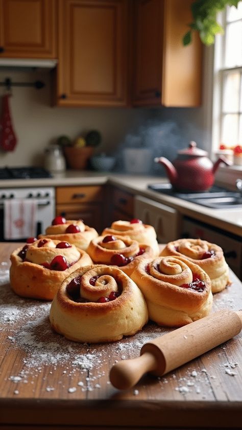 Cherry Cinnamon Rolls Cherry Cinnamon Rolls, Tart Cherries, Creamy Pudding, Cherry Filling, Fruit Filling, Decadent Cakes, Fresh Cherries, Cherry Pie Filling, Cherry Tart