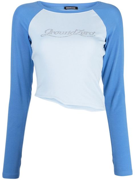 light blue/royal blue cotton jersey texture logo print to the front crystal embellishment crew neck long raglan sleeves asymmetric hem cropped Texture Logo, Ground Zero, Winter Fashion Outfits Casual, Light Blue Shirts, Blue Outfit, Crystal Embellishment, Classic Outfits, Stage Outfits, Kimono Fashion