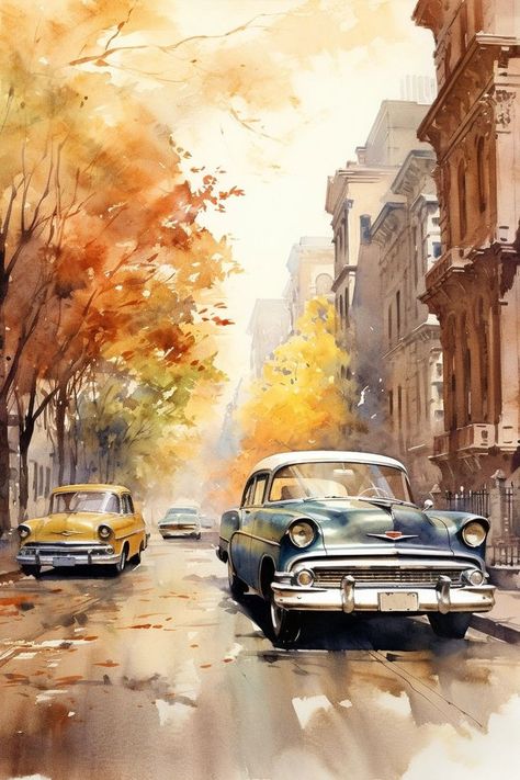 Cars Watercolor Painting, Car Painting Watercolor, Learn Oil Painting, Watercolor City, Nature Art Drawings, Indian Art Gallery, Acrylic Painting Lessons, Monet Paintings, Cityscape Art