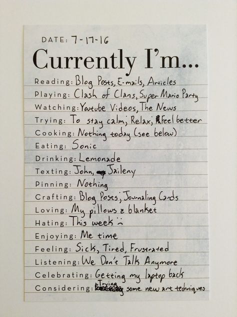 Hey! Hey! It's Tuesday and it's time for another Currently List!      Reading: When I got my laptop back, I had a ton of blog posts to read.... Journal Ideas Productivity, Currently Im Journal Page, Currently Journal Page, Journaling Sketches, New Journal Ideas, Boju Ideas, Journal List Ideas, Fun Journal Prompts, Reading Journal Prompts