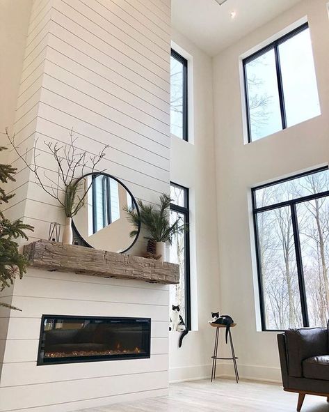 I get asked a lot about our fireplace so I thought I’d just just mention a few things about it here — it’s electric and we chose this one… Modern Farmhouse Fireplace, Design Camino, Farmhouse Room, Shiplap Fireplace, Modern Farmhouse Living, Farmhouse Fireplace, Modern Farmhouse Living Room, Fireplace Remodel, Trendy Living Rooms