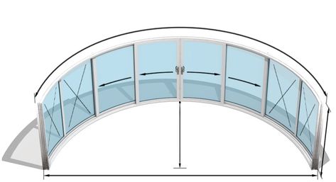 Eight Sectioned Curved Patio Doors model W8-4F | 4 Fixed and 4 Sliding Curved Glass Doors | Curved Sliding Doors Curved Door, Curved Patio, Track Door, Automatic Sliding Doors, Exterior Doors With Glass, Door Plan, Glass Curtain Wall, Architectural Floor Plans, Architecture Design Sketch