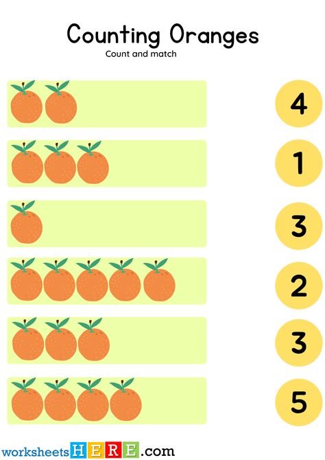 Counting Oranges and Matching Correct Number, Counting Pdf Worksheets for Kindergarten - WorksheetsHere.com Rote Counting, Number Counting, Worksheets For Kindergarten, Kindergarten Worksheets, The Teacher, Pie Chart, Kindergarten, Preschool, Period