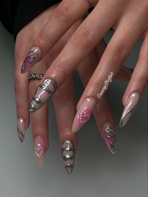 Black Silver And Pink Nails, Silver Chrome And Pink Nails, Almondetto Acrylic Nails, Pink Silver Black Nails, Pink Cyberpunk Nails, 3d Silver Chrome Nails, Black Pink Silver Nails, Pink And Silver Chrome Nails, Black And Pink Chrome Nails