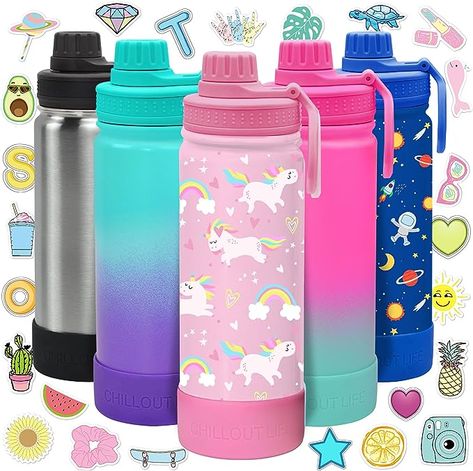 CHILLOUT LIFE 17 oz Kids Insulated Water Bottle for School with Leakproof Spout Lid and Cute Waterproof Stickers, Personalized Stainless Steel Thermos Flask Metal Water Bottle, Pink Unicorn Water Bottle For School, Bottle For School, Unicorn Water Bottle, Kids Thermos, Glitter Water Bottles, Personalized Water Bottles Kids, Girls Water Bottles, Pink Water Bottle, Steel Thermos