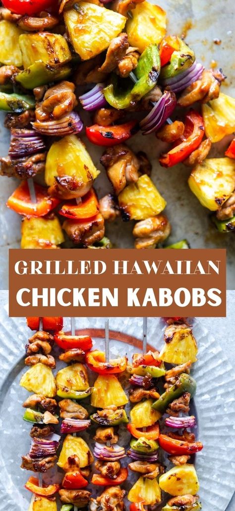 These Grilled Hawaiian Chicken Kabobs are a tropical twist on teriyaki chicken. A citrusy pineapple teriyaki sauce coats these chicken and vegetable skewers, perfect for weeknight grilling or weekend cookouts. Pineapple Teriyaki Sauce, Hawaiian Chicken Kabobs, Pineapple Teriyaki, Teriyaki Chicken Skewers, Grilled Kabob Recipes, Chicken Kabob Recipes, Vegetable Kabobs, Grilling Kabobs, Vegetable Skewers