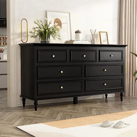 black dresser Dresser Modern, Black Chest Of Drawers, Contemporary Dresser, Black Dresser, Black Dressers, 7 Drawer Dresser, Bedroom Black, Wood Dresser, Wooden Chest