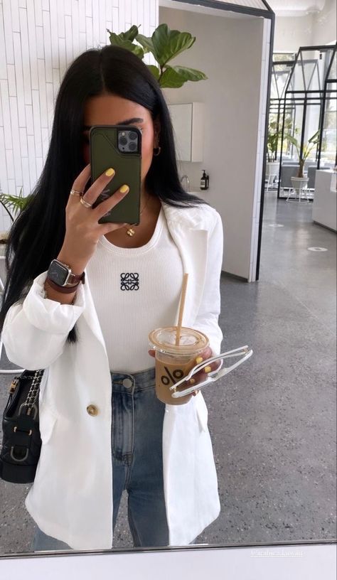 Lady's Day Outfit, Kuwaiti Girl Outfit, Kuwaiti Girl Style, Loewe Tank Top, Street Style Comfy, Casual School Outfit, Loewe Top, White Tank Top Outfit, Outfit Basics