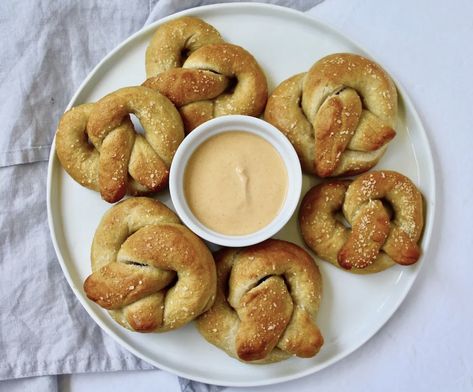 Sourdough Pretzel, Sourdough Pretzels, Potato Flatbread, Greens Recipes, Vegan Fried Chicken, Dough Starter, Vegan Queso, Queso Recipe, Sourdough Pizza