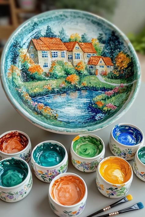 A large pottery bowl painting featuring a scenic landscape with a pond, trees, and cottages, accompanied by small paint pots in various nature colors. Intricate Pottery, Pottery Painting Ideas Easy, Cozy Home Aesthetic, Pottery Idea, Pottery Painting Ideas, Plain Mugs, Painting Ideas Easy, Painting Pottery, Red Bowl