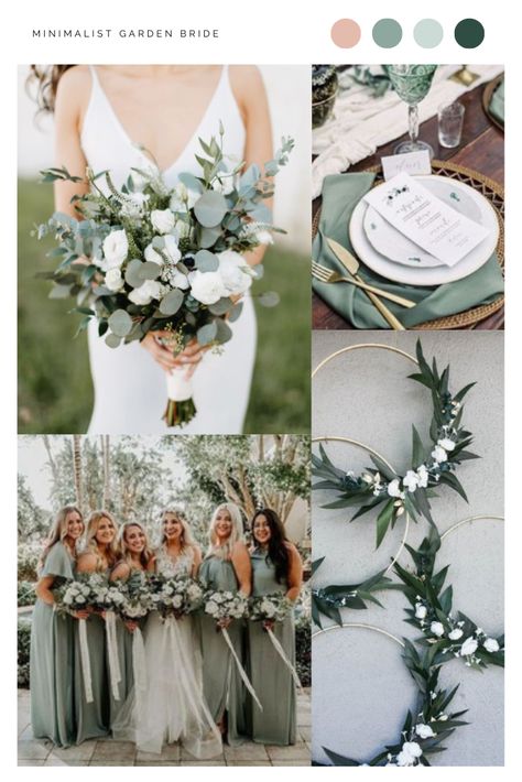 Sage Colour Scheme Wedding, Sage Green Wedding Colour Scheme, Minimalist Wedding Sage Green, Wedding Ideas Colour Schemes, Green Scheme Wedding, Colour Theme Wedding Ideas, Sage Garden Wedding, Minimalistic Outdoor Wedding, Garden Wedding Colour Schemes