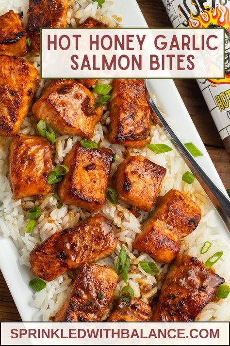 Hot Honey Garlic Salmon Bites Mikes Hot Honey Salmon, Salmon Bites Oven, Hot Honey Salmon Bites, Honey Garlic Salmon Bites, Garlic Salmon Bites, Hot Honey Salmon, Salmon Bites Recipe, Mango Salsa Salmon, Salmon Quinoa