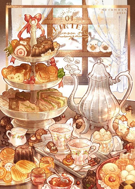 Afternoon Tea Illustration, Winter Season Aesthetic, Cookie Illustration, Winter Drawing Ideas, Nao On Twitter, Line Theme, Nice Background, Chibi Food, 귀여운 음식 그림