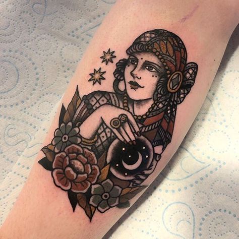 🌿Morning!🌿 Fortune teller done on the lovely Katie at the @scottishtattooconvention ✨ Many thanks for trusting me 🔮 * * #tradtattoo… Psychic Tattoo, Fortune Teller Tattoo, Flapper Tattoo, Traditional Thigh Tattoo, Crystal Ball Tattoo, Happy Future, Girls With Sleeve Tattoos, Boho Tattoos, Tattoos With Kids Names