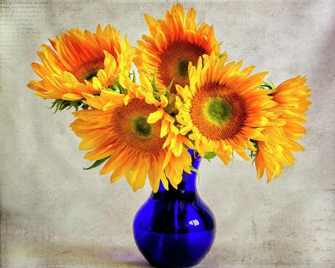 Sunflower Vase, Cobalt Blue Vase, Diamond Party, Sunflower Bouquet, Denim And Diamonds, Sunflower Bouquets, Watercolor Flower Art, Painting Still Life, Blue Vase