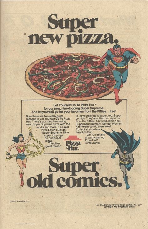 Vintage Pizza Hut, Pizza Ads, Pizza Hut Restaurant, Back To The 60s, Vintage Pizza, Superman And Wonder Woman, Pizza Poster, Pizza Branding, New Pizza