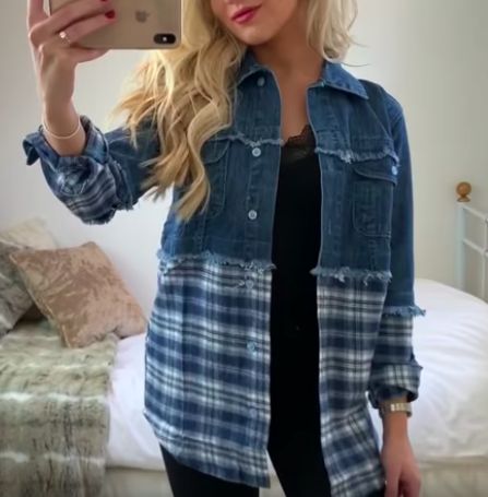 thrift flip - combine old flannel and sturdy denim shirt Denim Shirt Refashion Diy, Upcycled Denim Shirt, Denim Thrift Flip, Old Flannel, Flannel Shirt Refashion, Flannel Jeans, Redo Clothes, Reworked Clothes, Diy Clothes Hacks